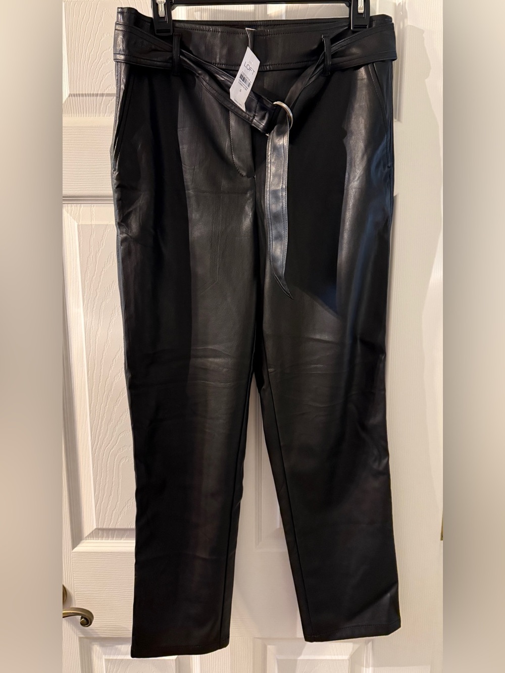 LOFT Black Faux Leather Belted Straight-Leg Pants